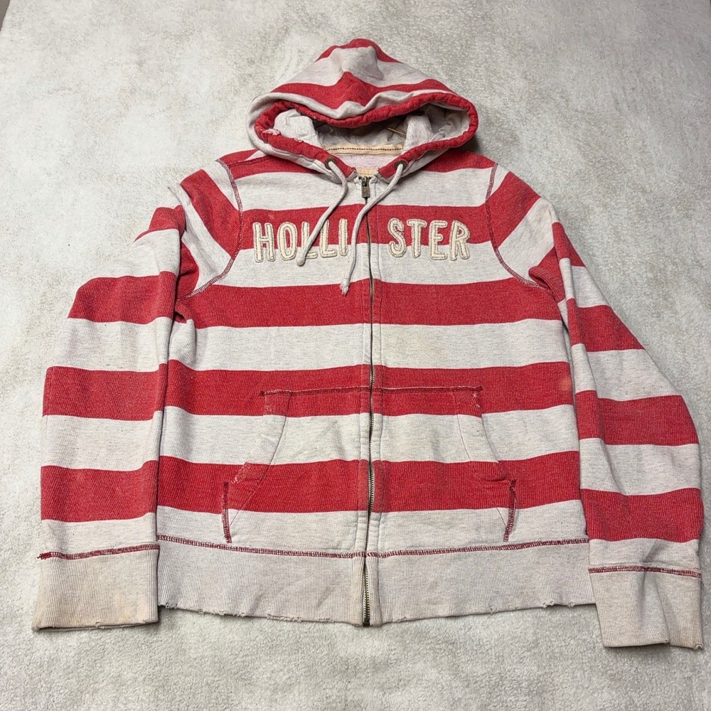 Vintage Y2K Hollister Zip Up Hoodie Distressed Red Striped Surf Skate Mens XL